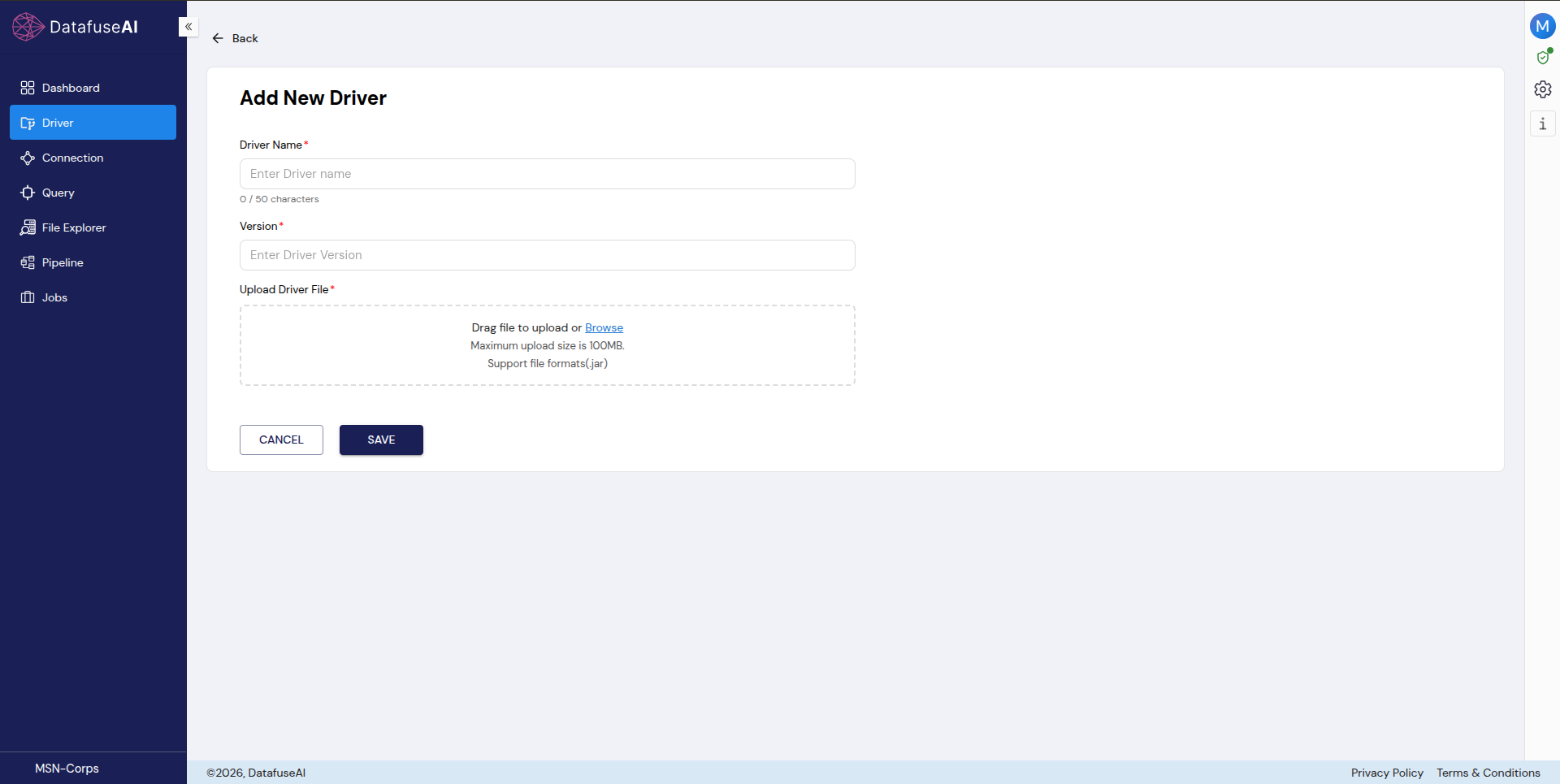 DataFuseAI Add New Driver form for uploading a specific driver JAR file and version