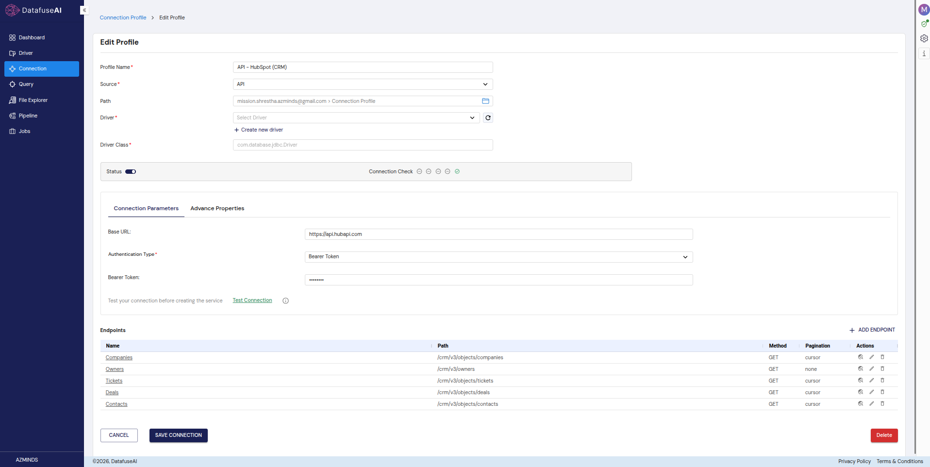 DataFuseAI connection profile form with Authentication Type set to Bearer Token and the token field masked