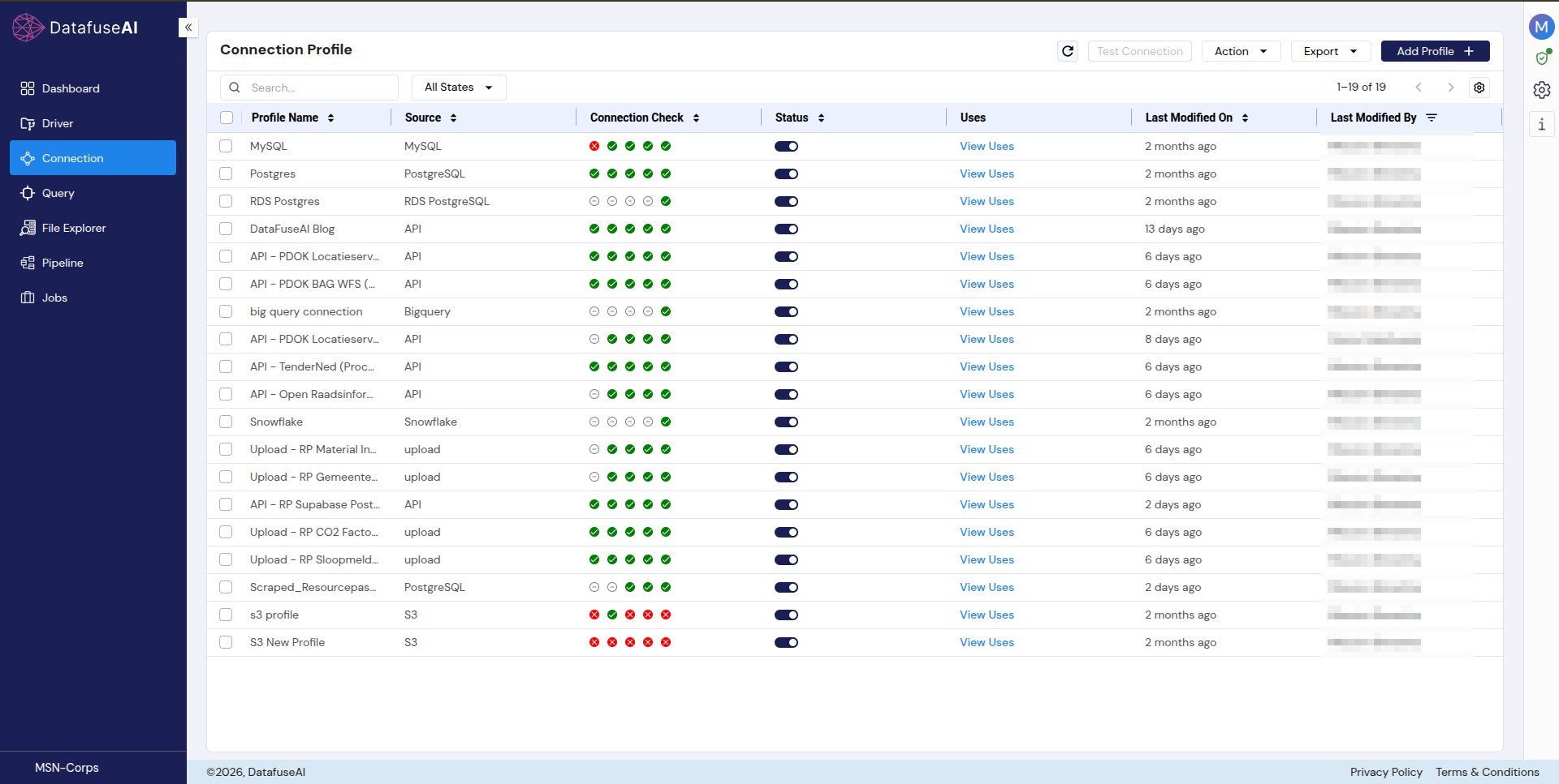 DataFuseAI Connection Profile list: 19 sources spanning databases, REST APIs, and uploads, each with its validation status