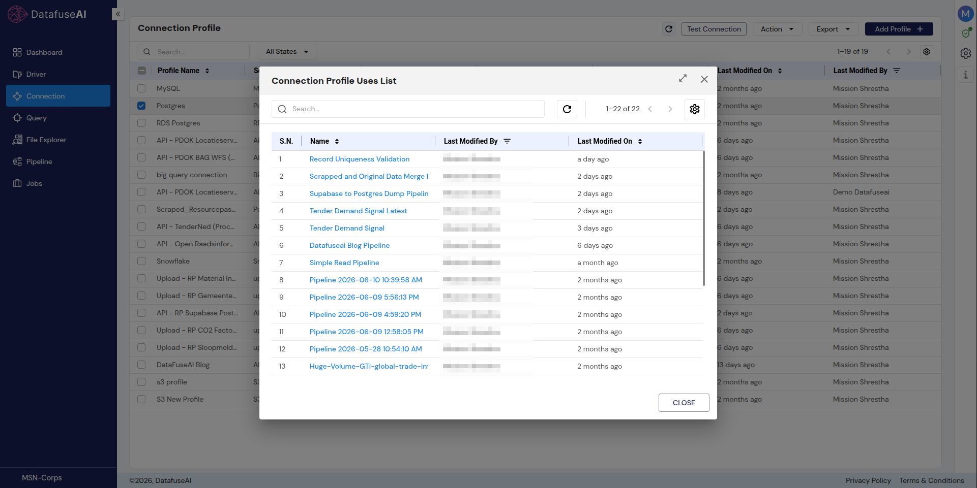 DataFuseAI Connection Profile Uses List showing 22 pipelines that reference a single Postgres connection profile