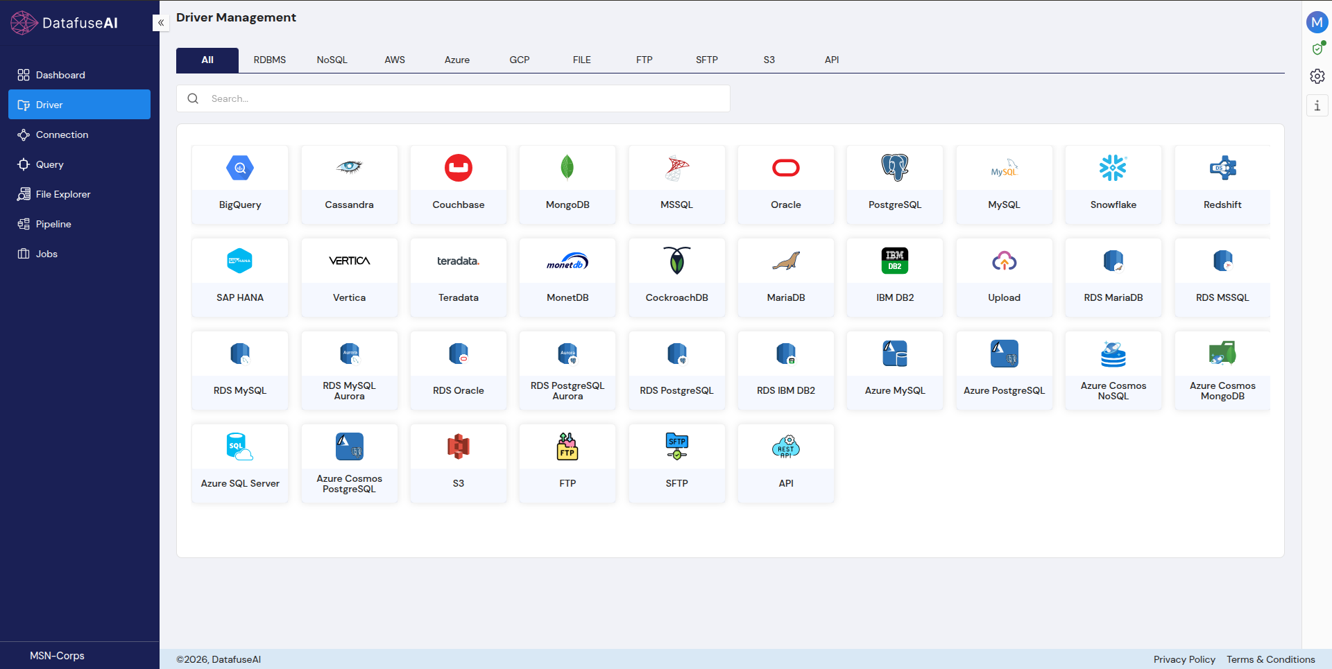 DataFuseAI Driver Management grid: roughly 35 pre-built connectors across RDBMS, NoSQL, cloud, file, and REST API categories