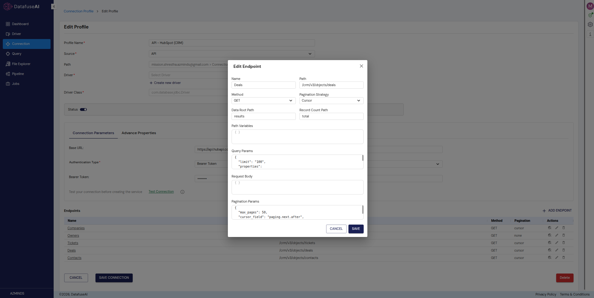 DataFuseAI endpoint configuration for HubSpot Deals showing Cursor pagination and the after / paging.next.after parameters