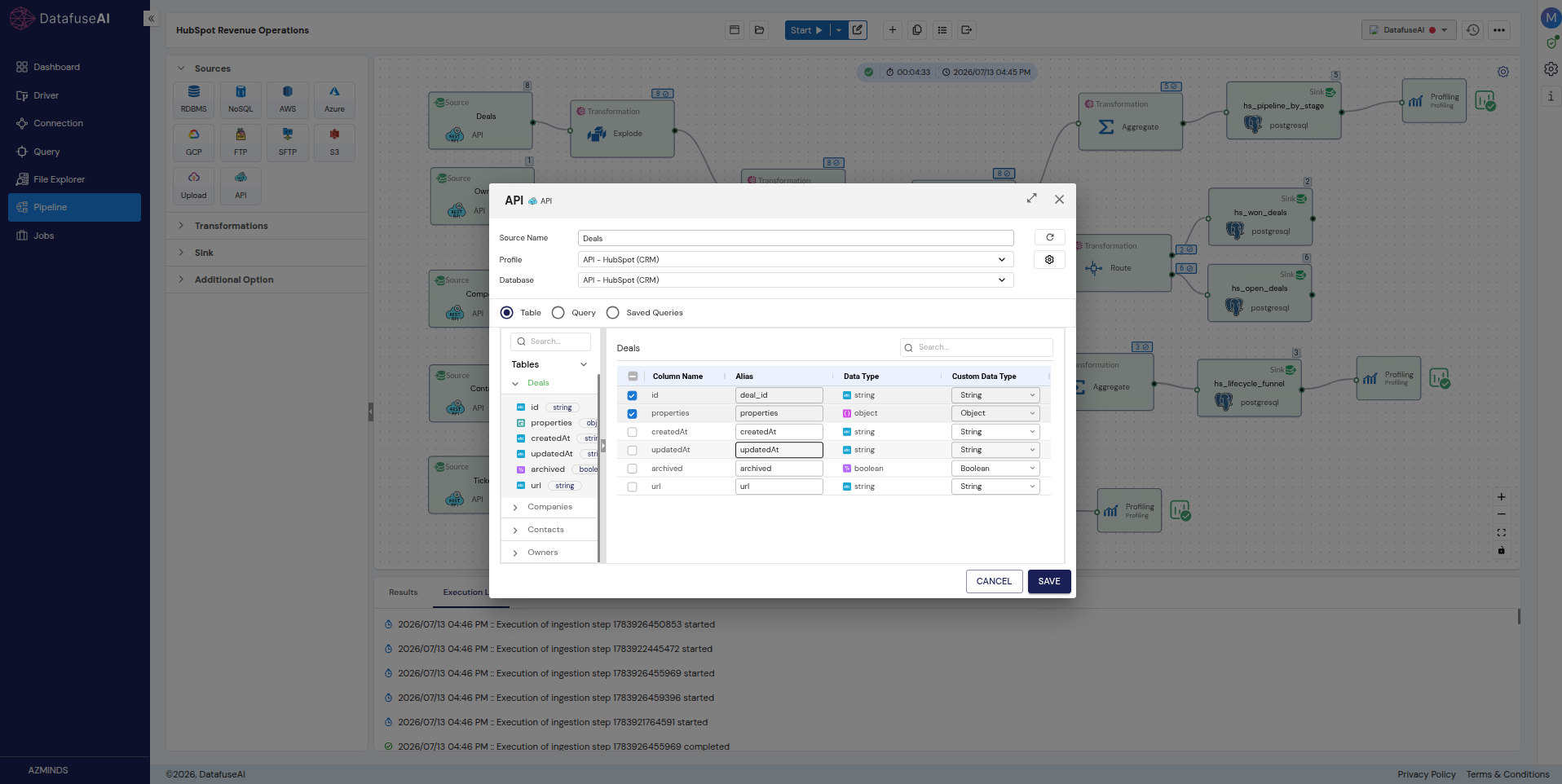 DataFuseAI Source node reading the HubSpot Deals endpoint, with id aliased to deal_id