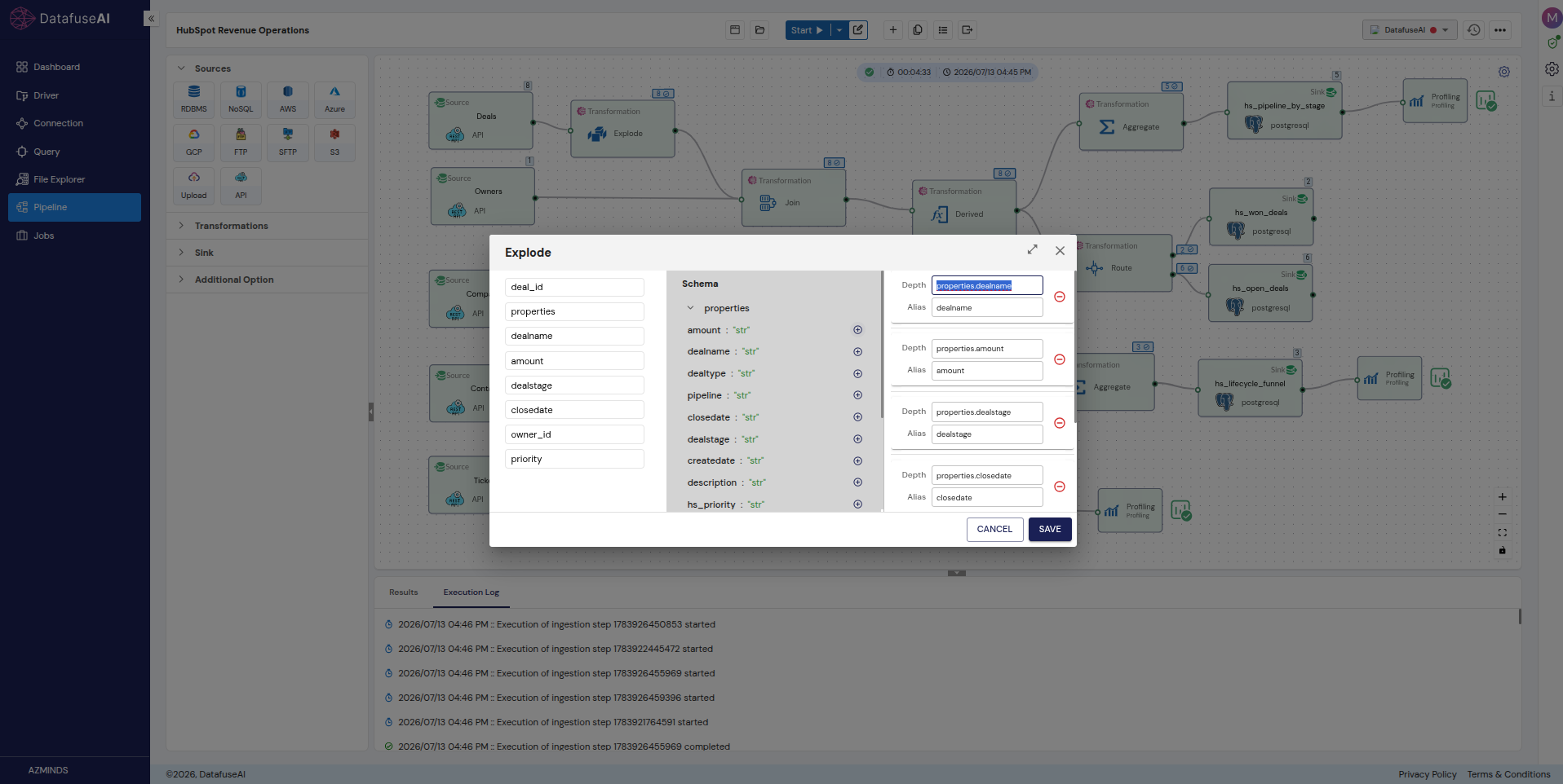 DataFuseAI Explode node unwrapping the HubSpot properties envelope into flat columns