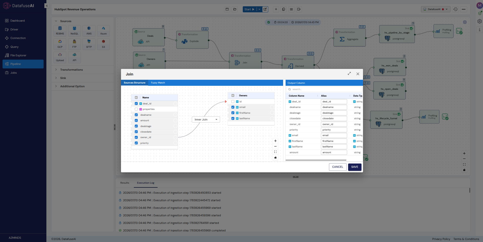 DataFuseAI Join node attaching Owners to Deals on hubspot_owner_id with a Left Join