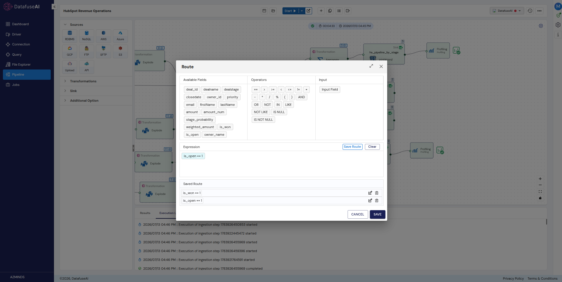 DataFuseAI Route node splitting deals into won and open branches