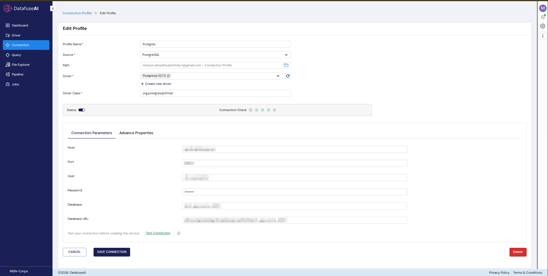 DataFuseAI PostgreSQL connection profile showing driver 42.7.3 pinned and a 5-step Connection Check passing before go-live
