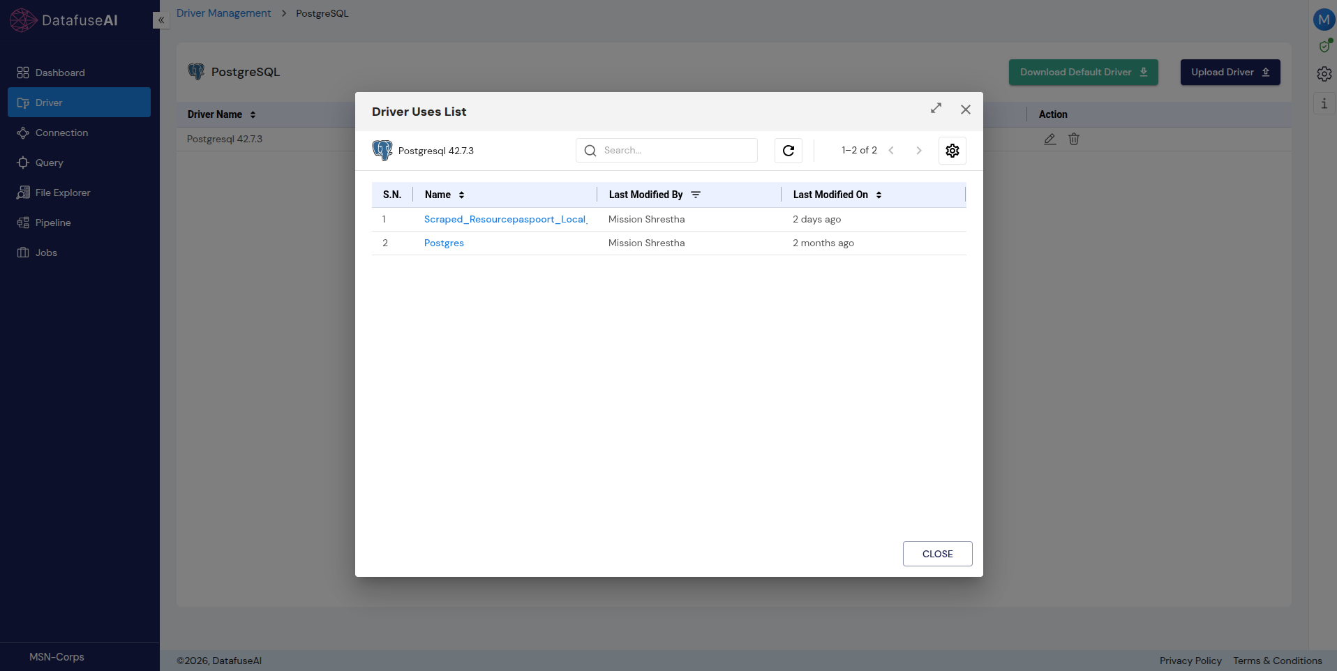 DataFuseAI Driver Uses List showing which connection profiles reference the pinned PostgreSQL 42.7.3 driver