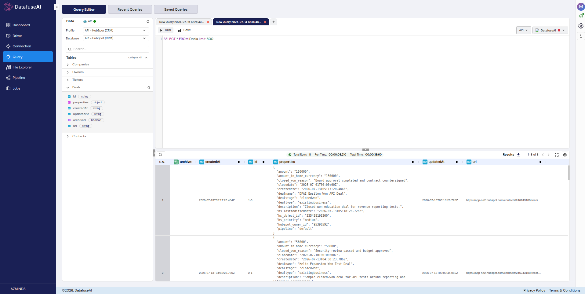 DataFuseAI Query Editor returning the raw and weighted forecast totals from hs_pipeline_by_stage