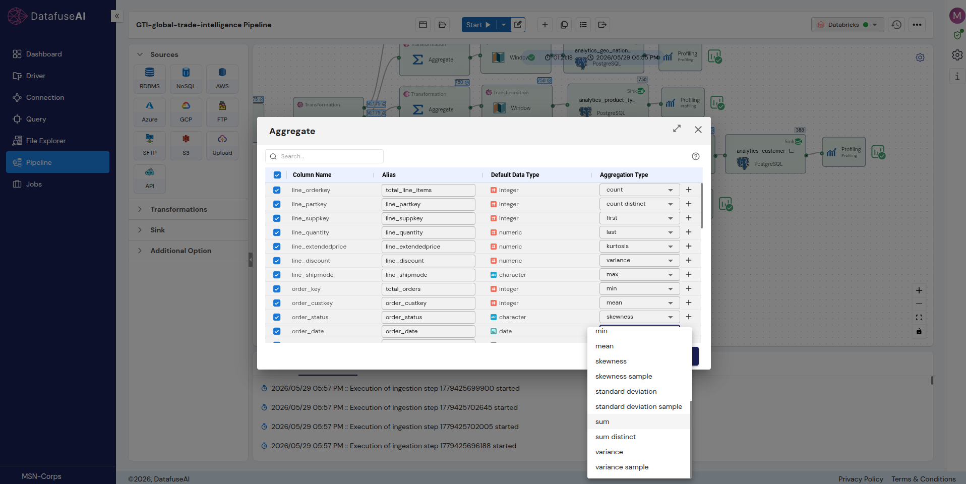 Aggregate transformation panel in DataFuseAI showing column-level aggregation type selection on a drag-and-drop canvas
