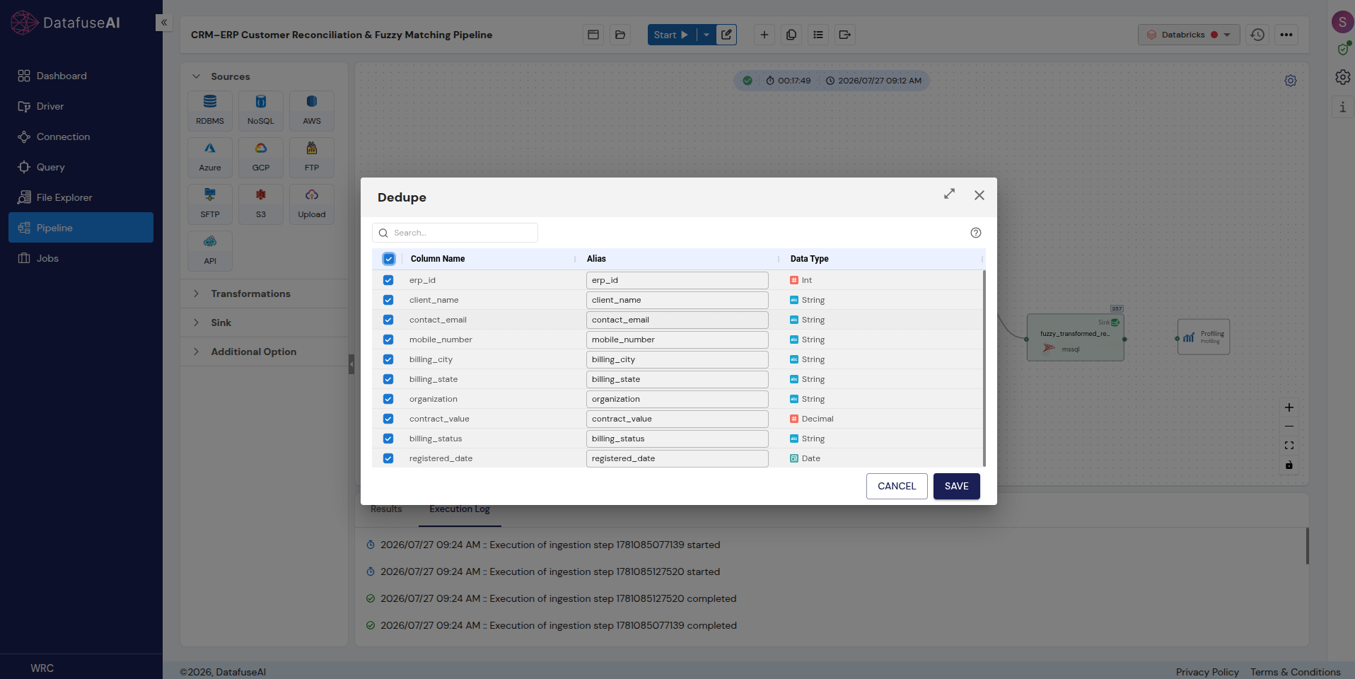 Dedupe transformation panel in DataFuseAI showing column selection used to identify duplicate records