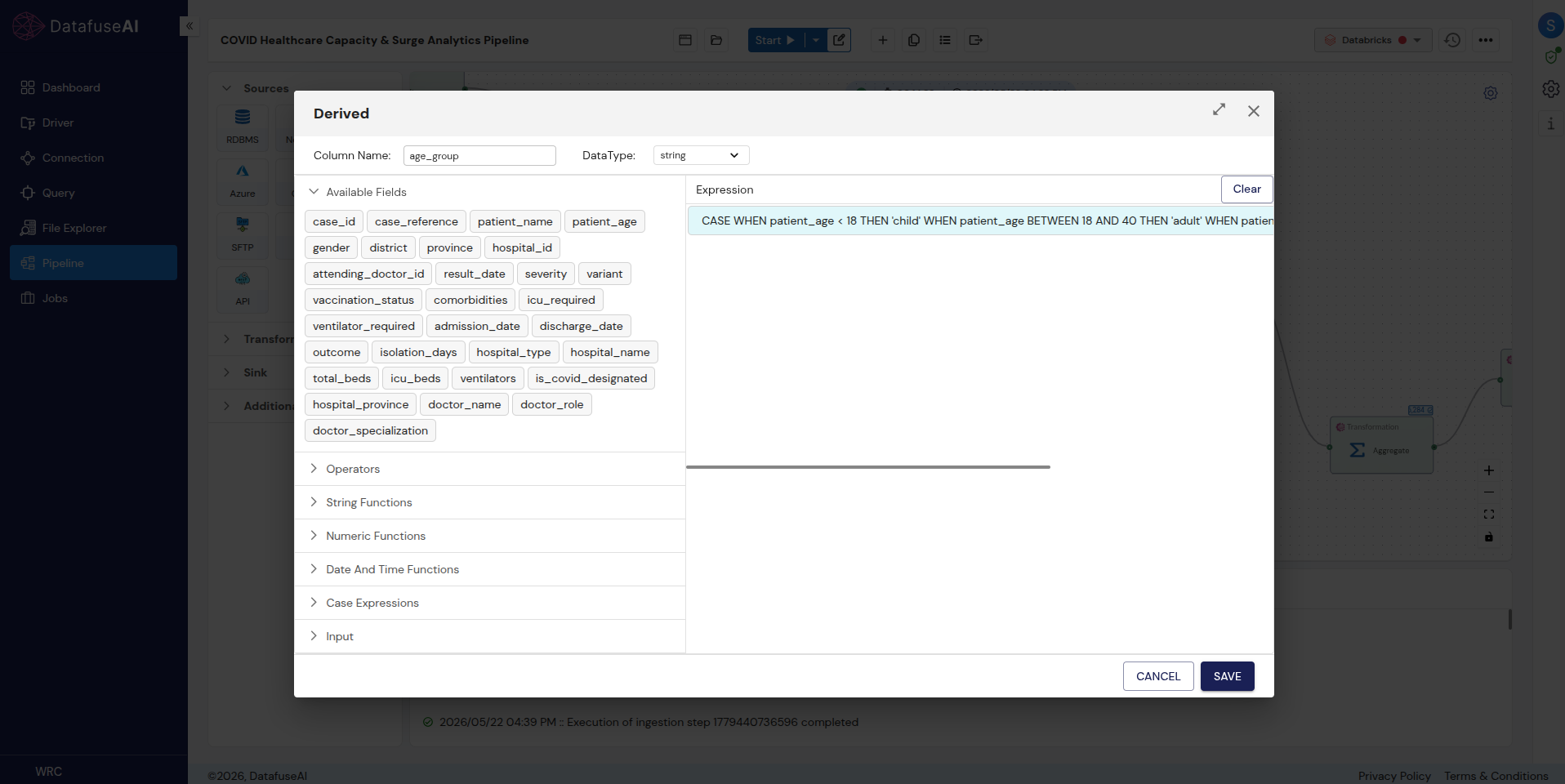 Derived transformation panel in DataFuseAI showing a conditional CASE WHEN expression used to compute a new column
