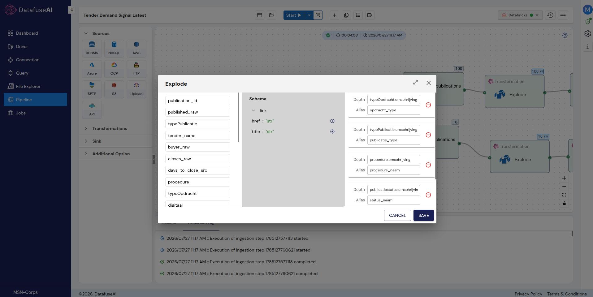 Explode transformation panel in DataFuseAI showing nested fields being flattened into new aliased columns