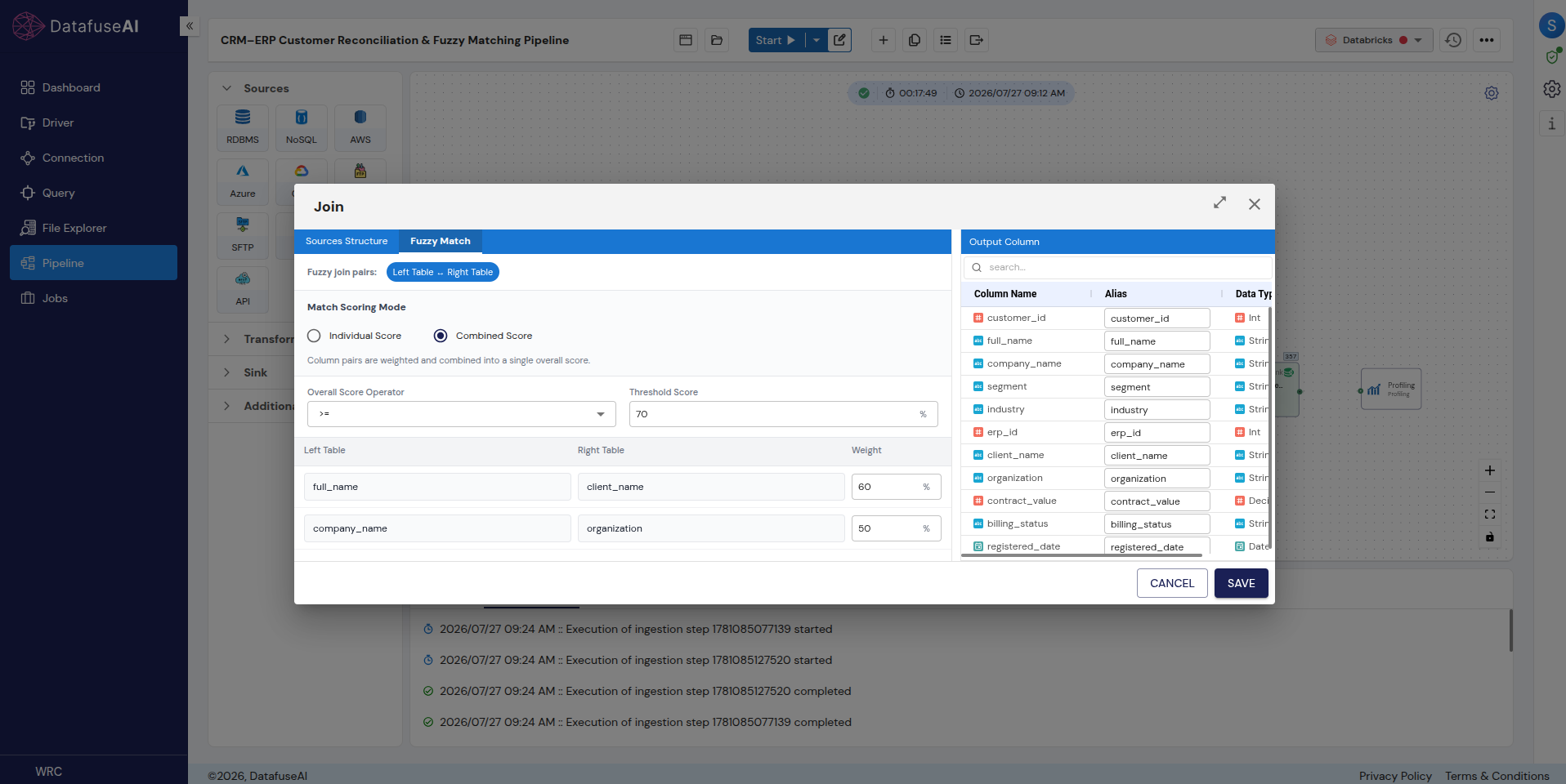 Fuzzy Join scoring configuration in DataFuseAI's Join transformation, showing weighted field pairs and a combined match-score threshold