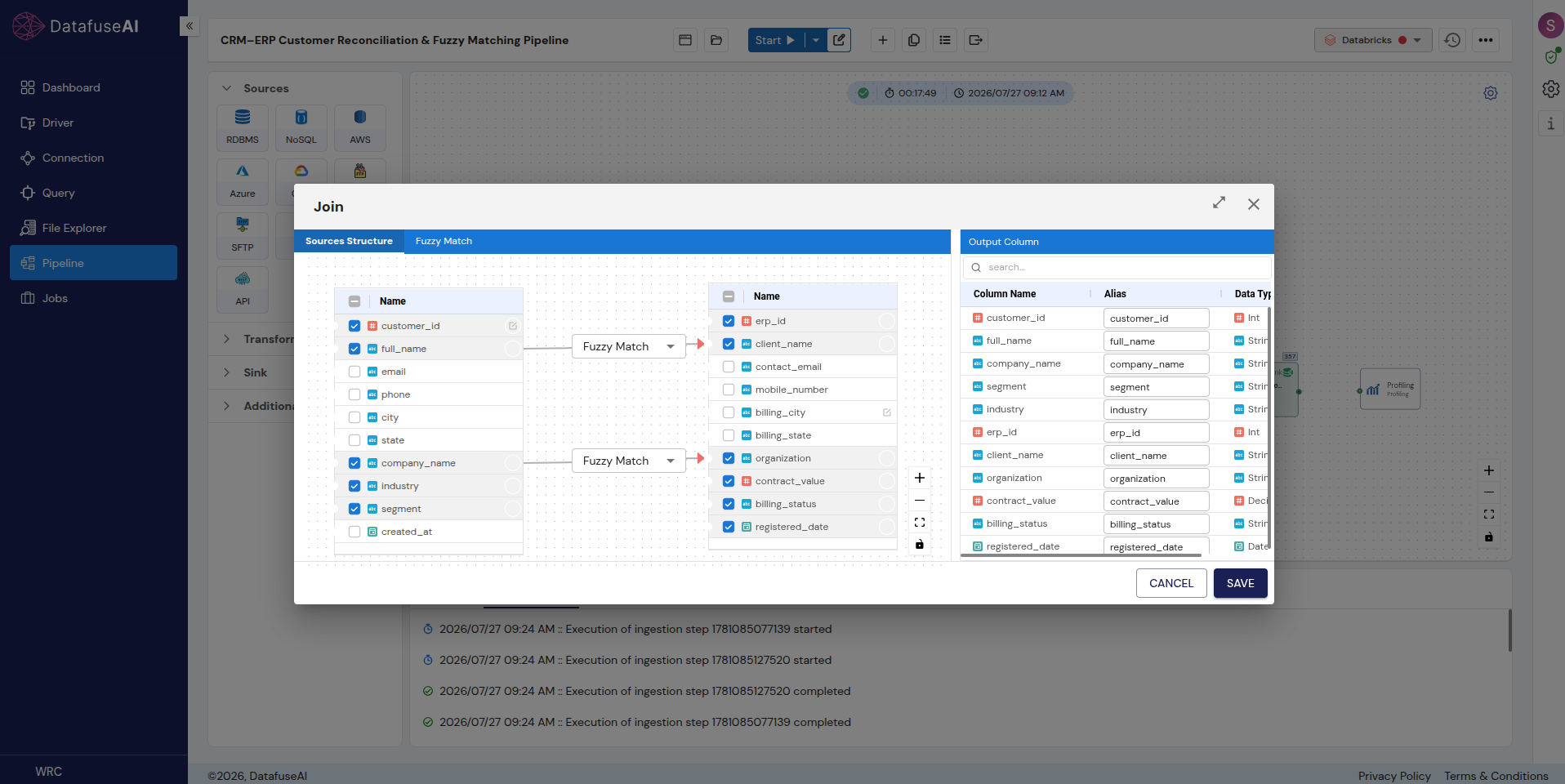 Fuzzy Join field-mapping view in DataFuseAI, showing two source column lists connected through fuzzy-match pairs