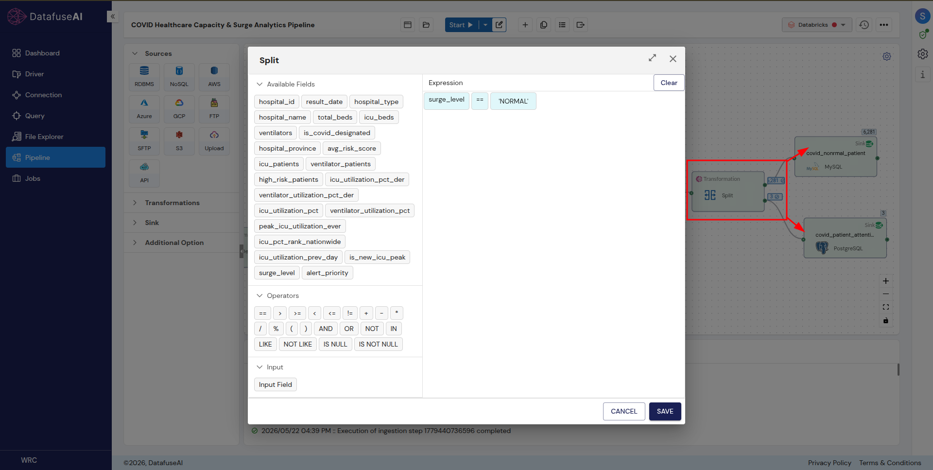 Split transformation panel in DataFuseAI showing a condition that divides a data stream into two output branches on the canvas