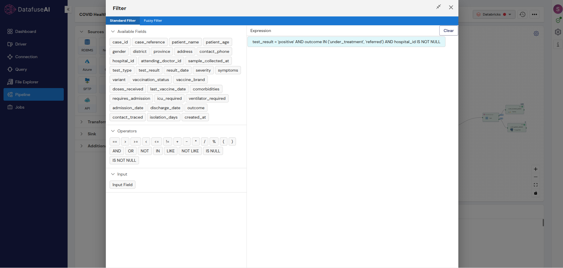 Filter transformation panel in DataFuseAI showing a multi-condition expression built from available fields and operators