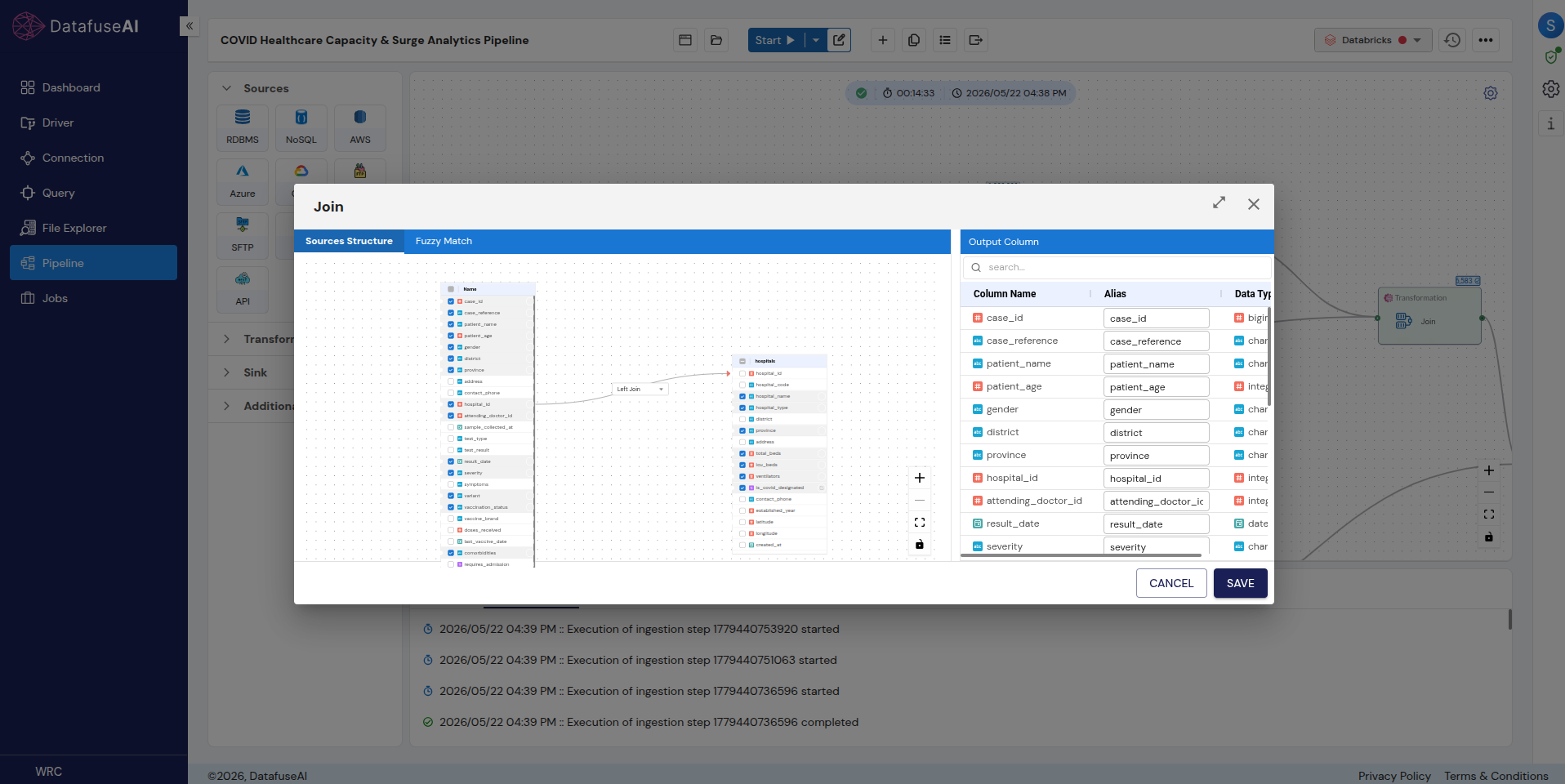 Join transformation panel in DataFuseAI showing two source structures connected with a configurable join type