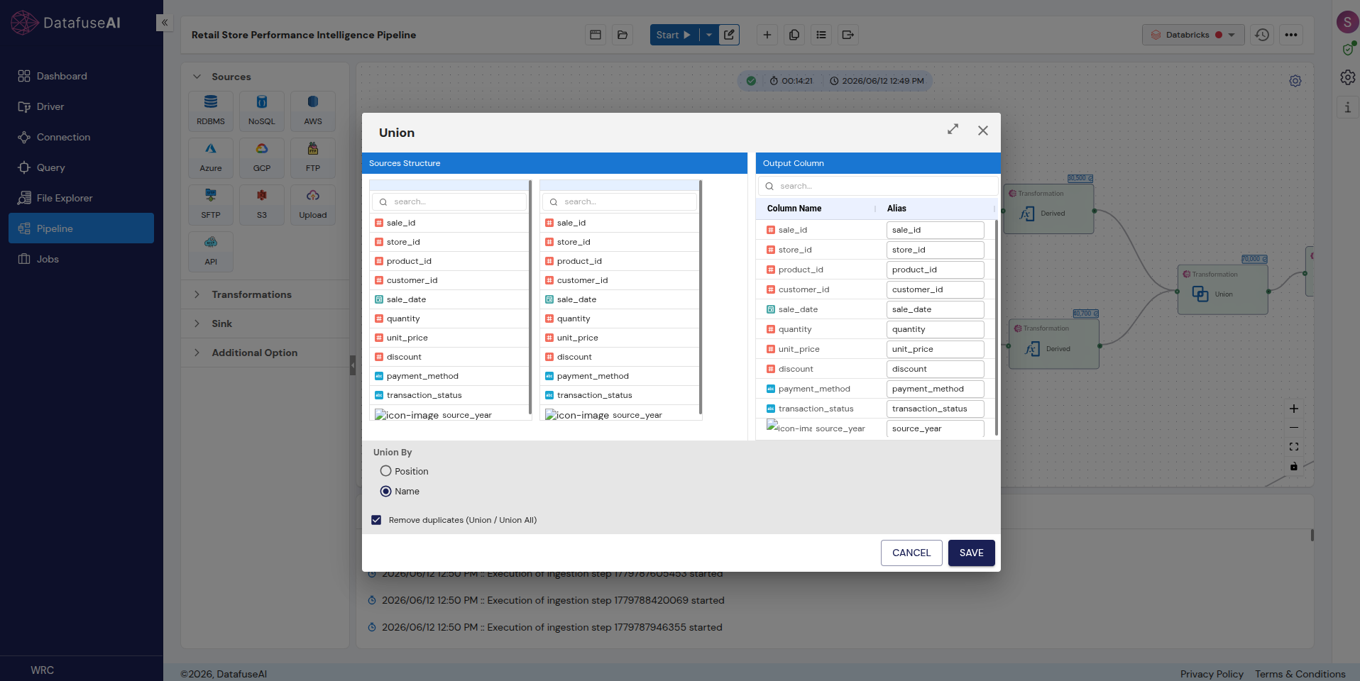 Union transformation panel in DataFuseAI showing two source column structures mapped to a single output, with union-by-name and duplicate-removal options