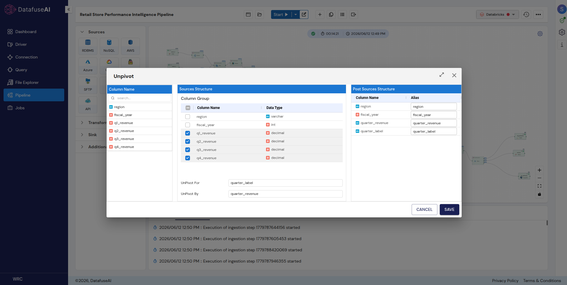 Unpivot transformation panel in DataFuseAI showing wide columns being mapped into key/value output columns