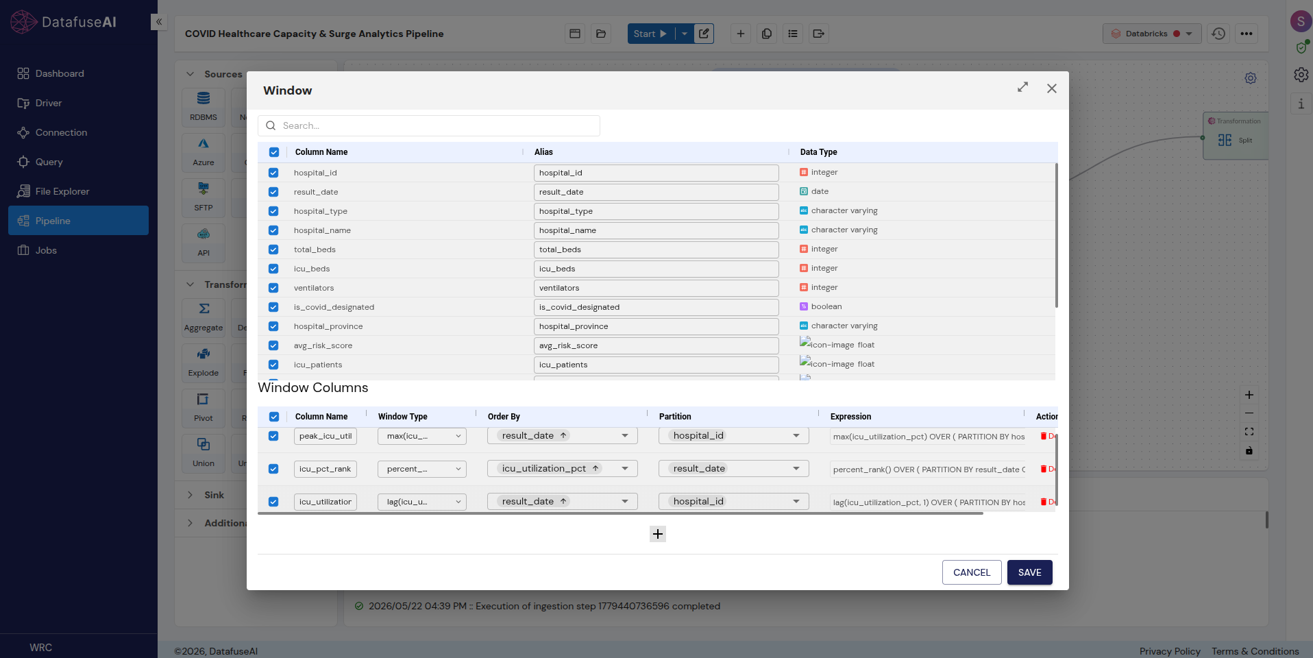 Window transformation panel in DataFuseAI showing partition, order-by, and window function configuration for ranking and running calculations