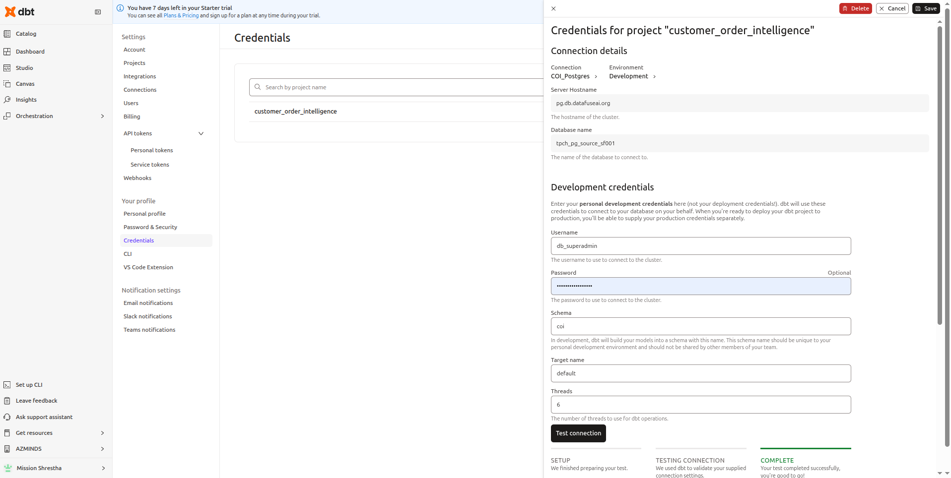 dbt Cloud Credentials page showing user, schema coi, threads 6, and connection test complete
