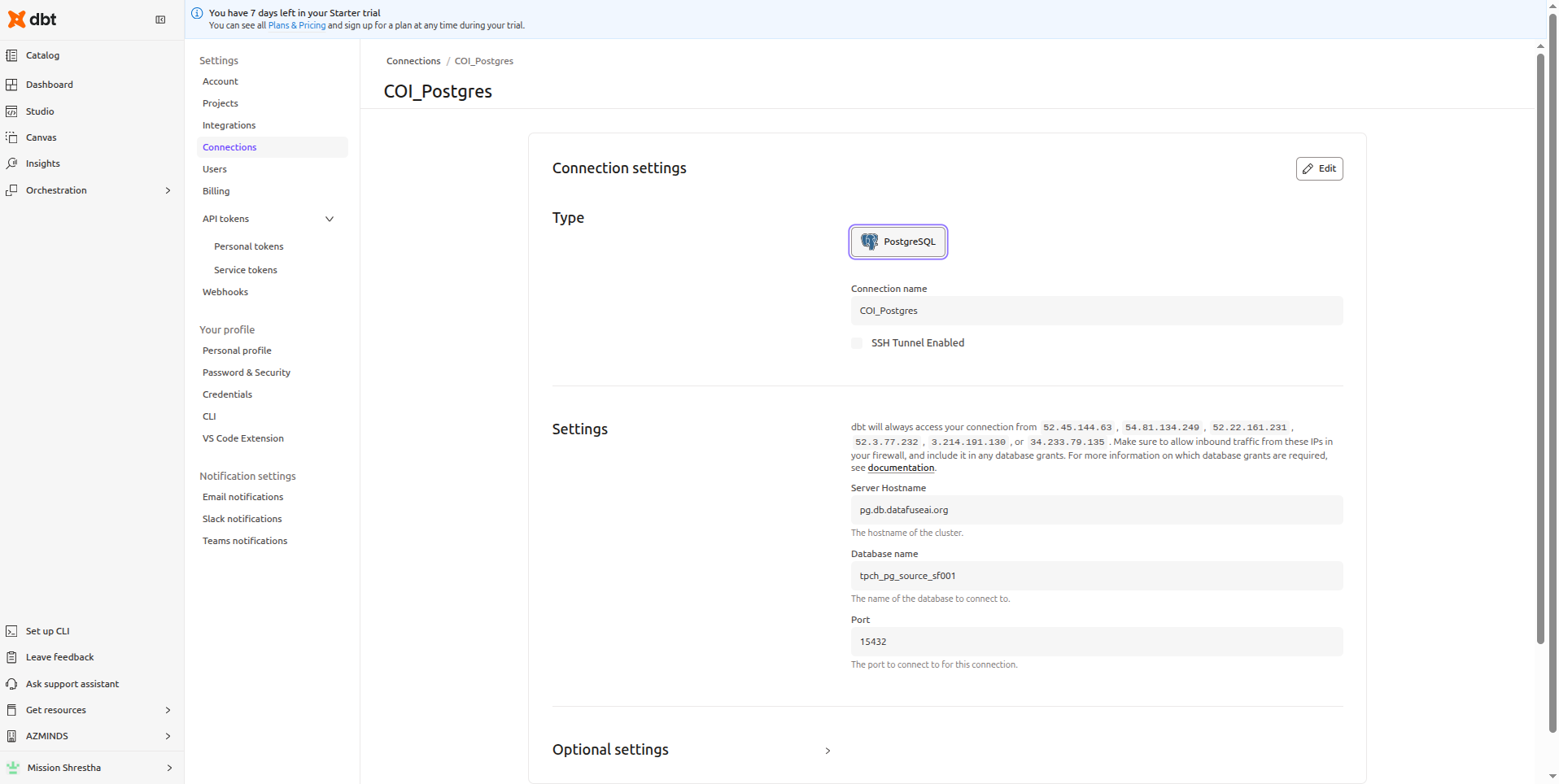 dbt Cloud Connection page showing PostgreSQL hostname and database configuration