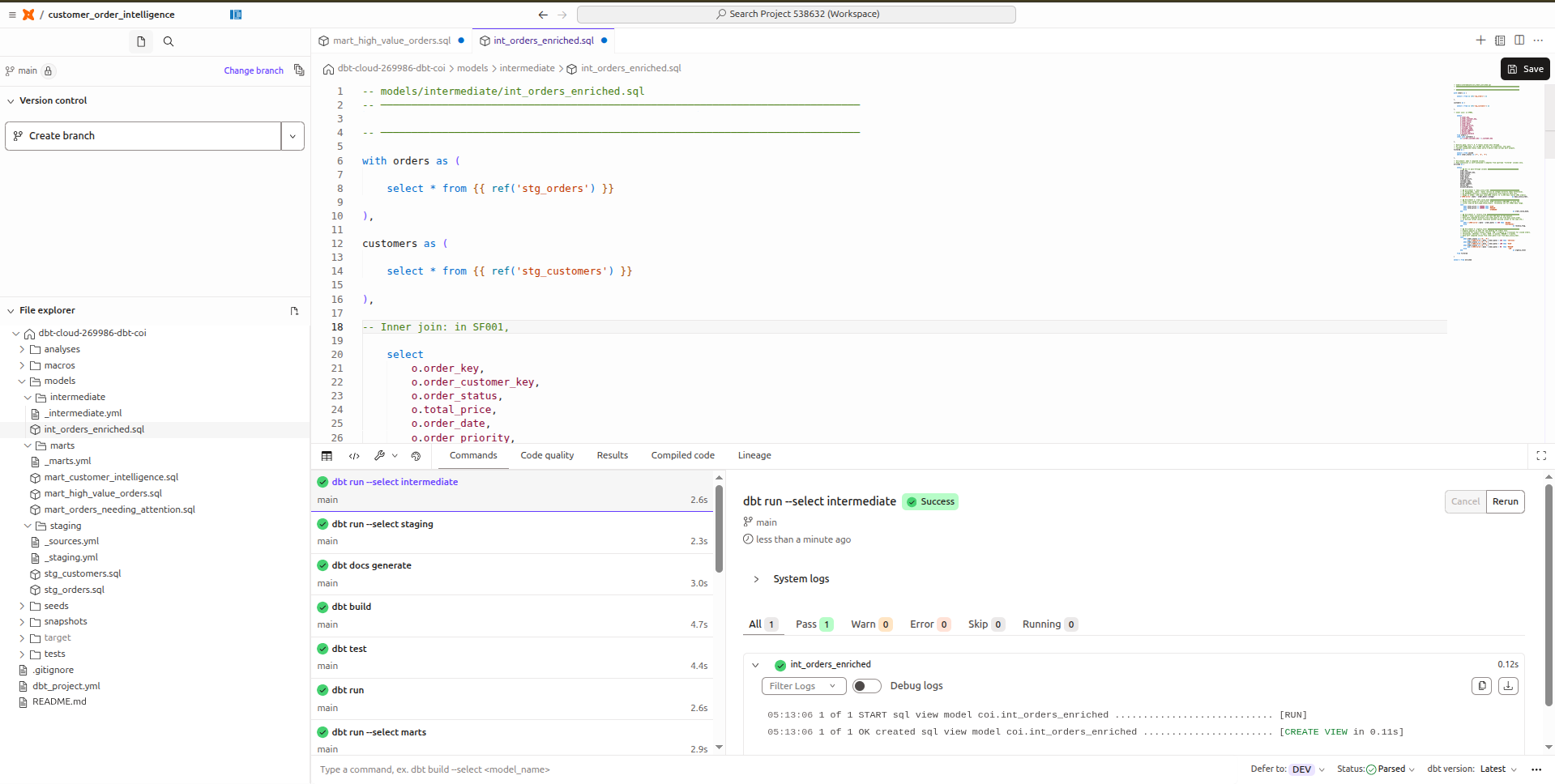 dbt run showing PASS=1 for intermediate, 0.11s, SQL view created
