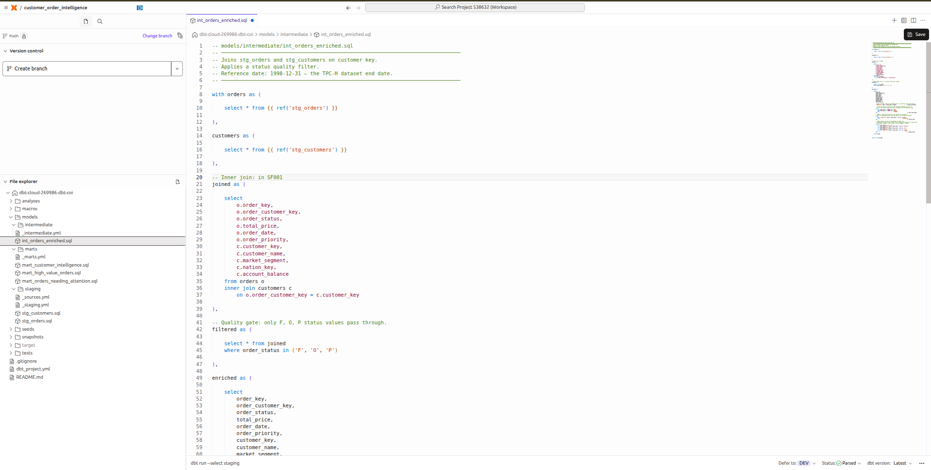 int_orders_enriched.sql showing INNER JOIN and CASE WHEN enrichment expressions visible in IDE