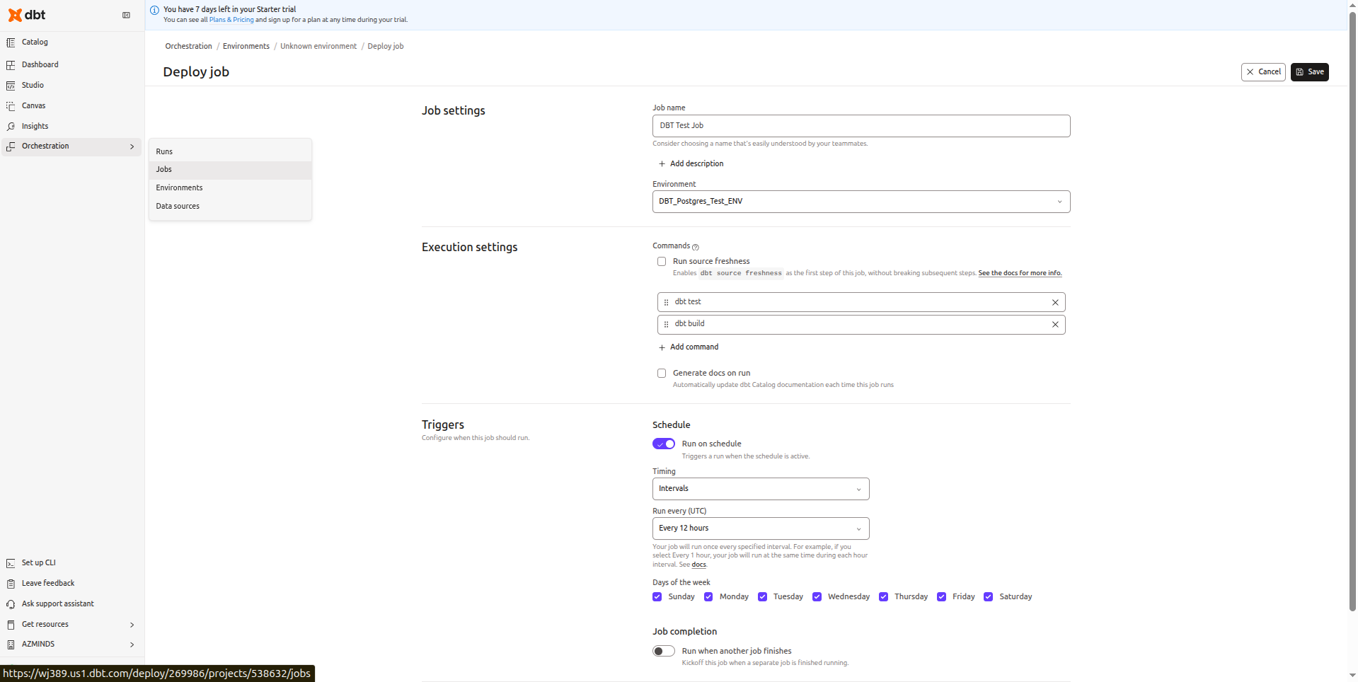 dbt Cloud Deploy Job configuration showing commands dbt test then dbt build on Every 12 hours schedule