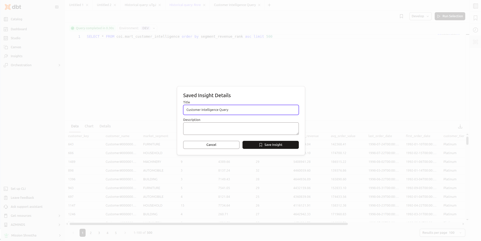 dbt Cloud Save Insight modal with title field and Save Insight button