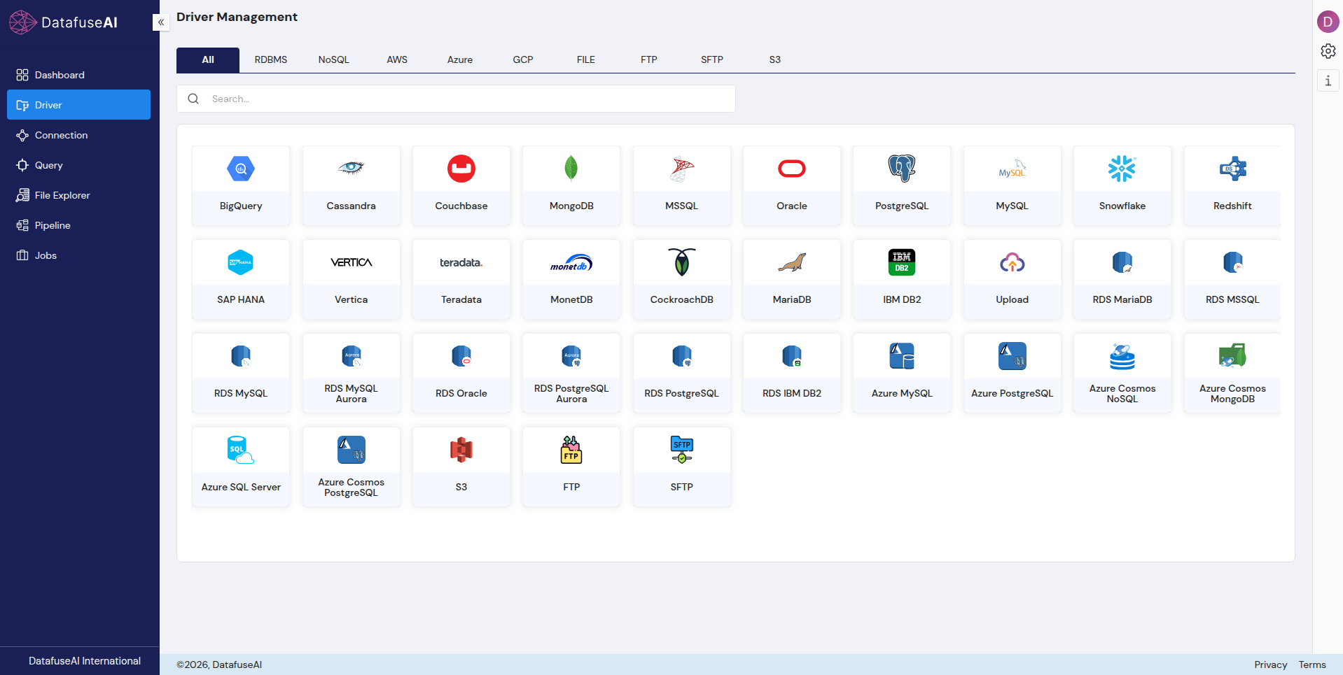 DataFuseAI full driver grid showing 50+ built-in JDBC connectors including PostgreSQL, MySQL, Oracle, MongoDB, and Azure variants