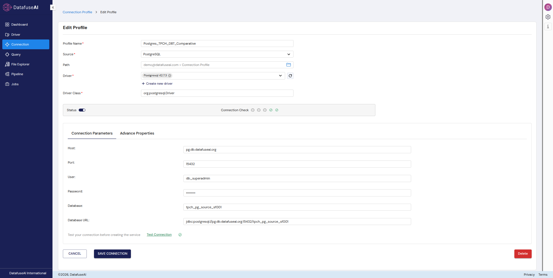 DataFuseAI Connection Profile showing driver selection, host, credentials, JDBC URL, and health check in one form