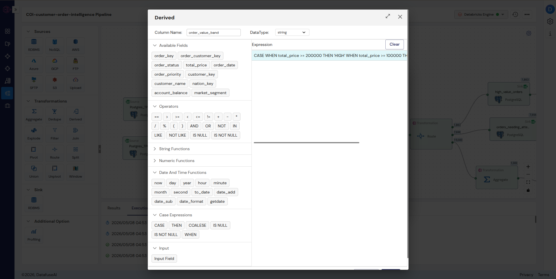 DataFuseAI Derived node showing CASE WHEN expression for order_value_band in visual expression builder