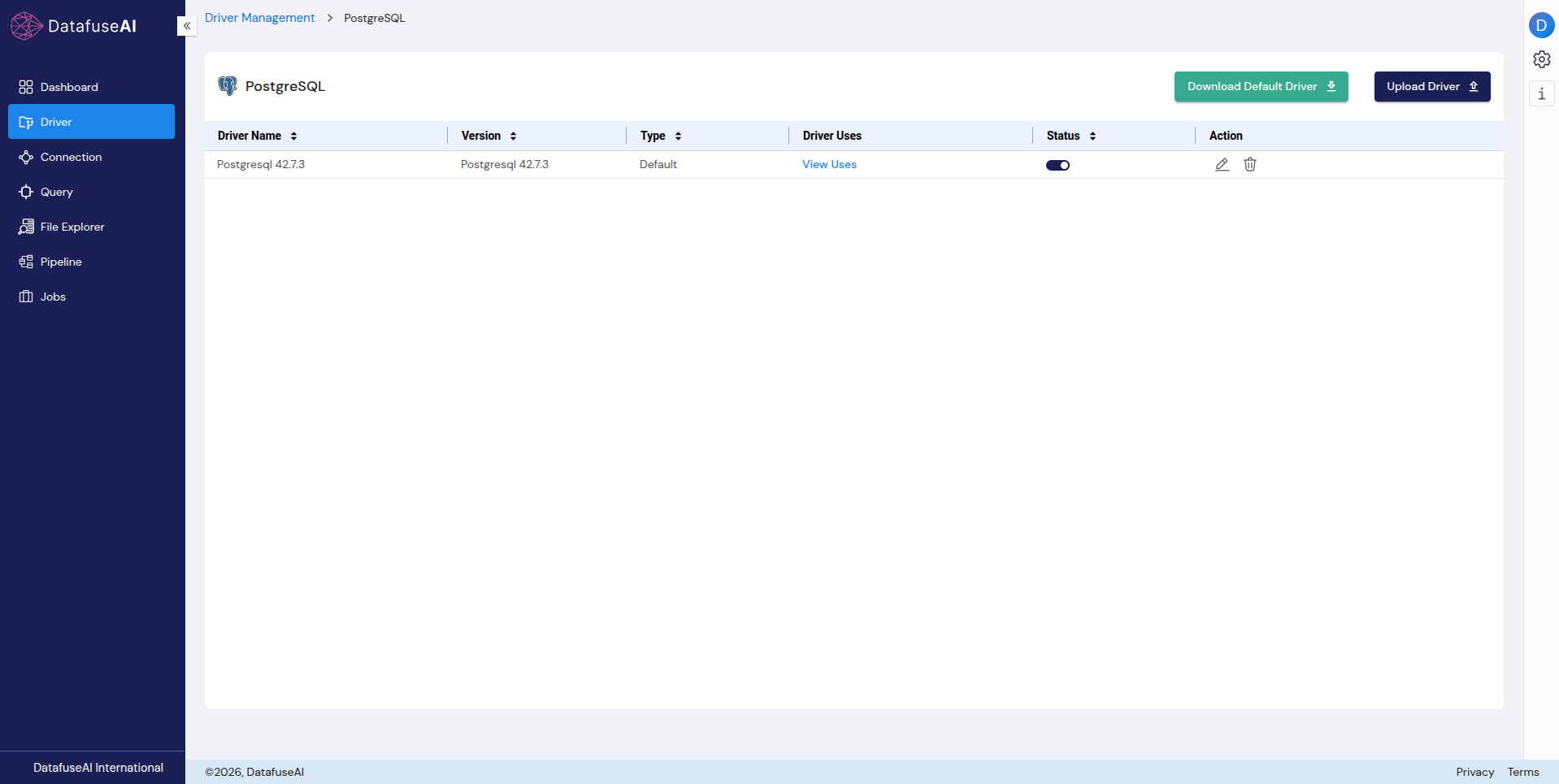 DataFuseAI Driver Management showing PostgreSQL 42.7.3 active with Upload Driver button
