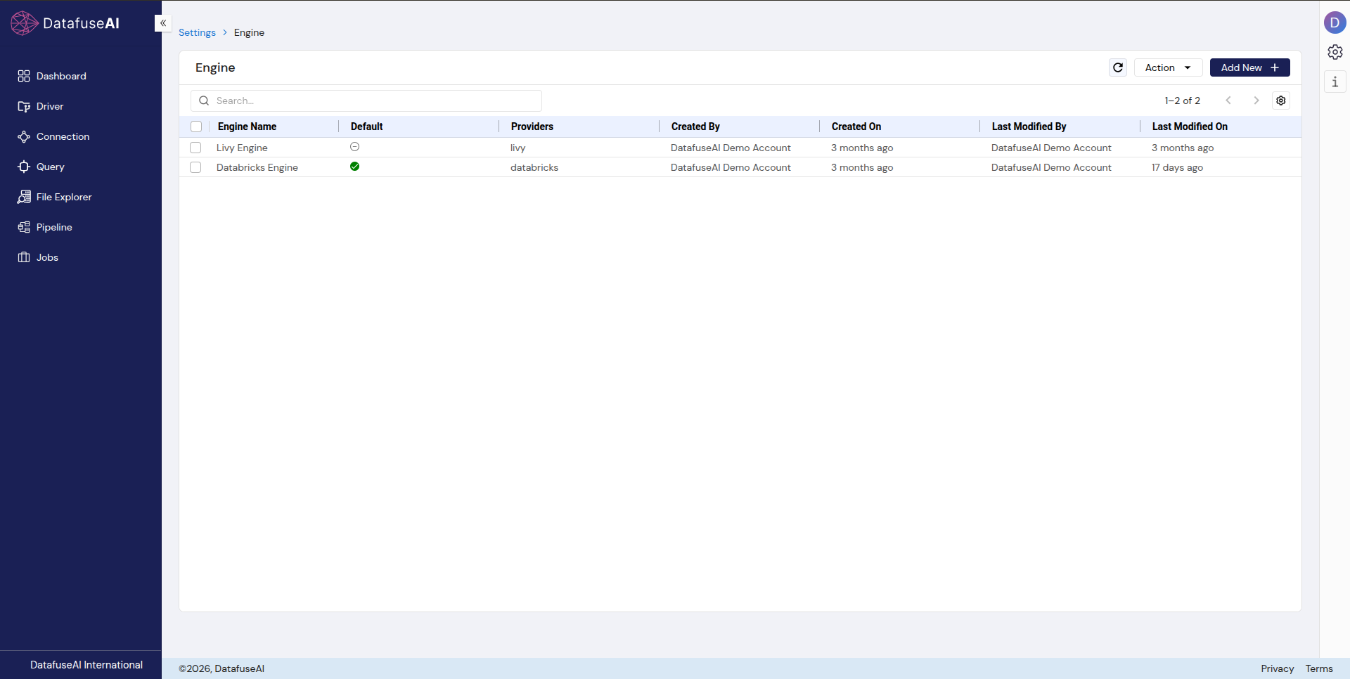 DataFuseAI Engines page showing Databricks as default green circle and Livy as alternative