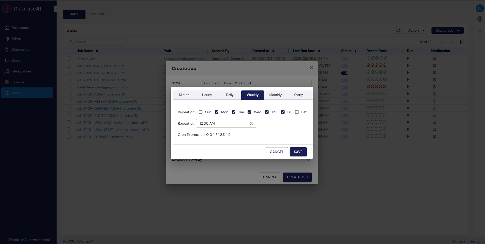 DataFuseAI Create Job modal showing Weekly tab, Mon-Fri selected, midnight, auto-generated cron expression