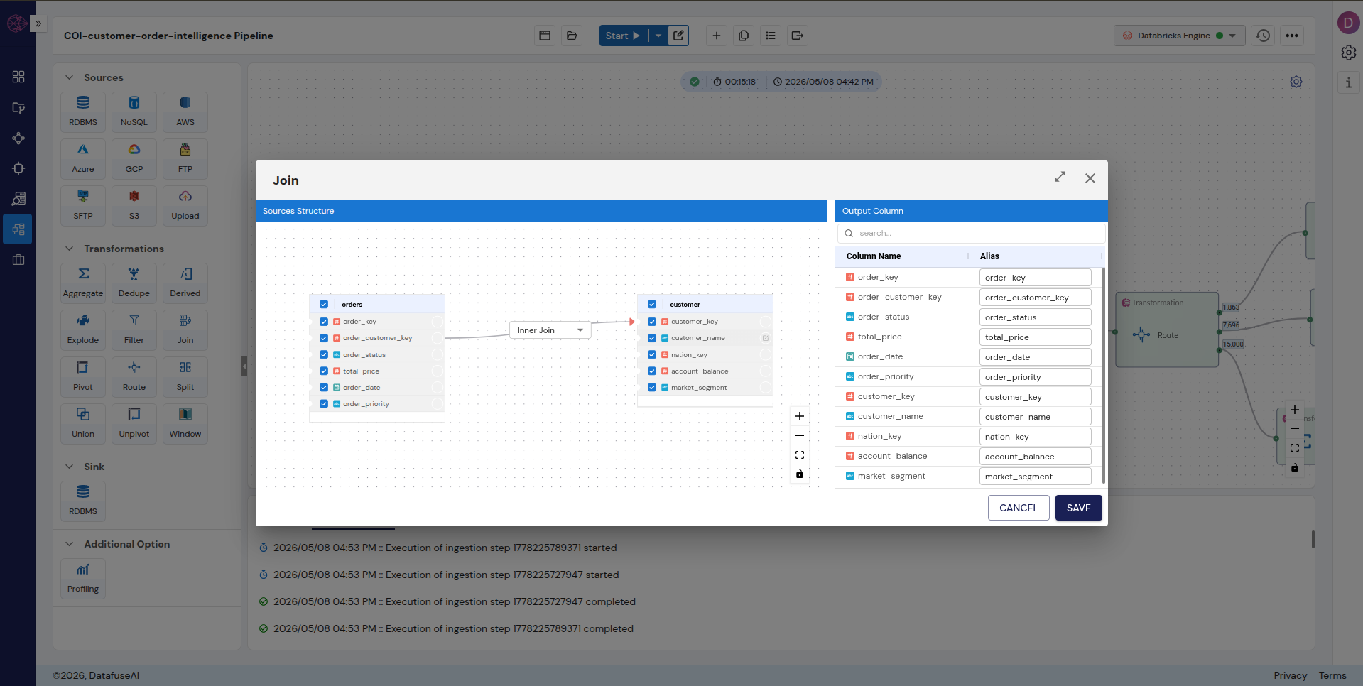 DataFuseAI Join node dialog showing inner join key drawn between order_customer_key and customer_key, 11 output columns