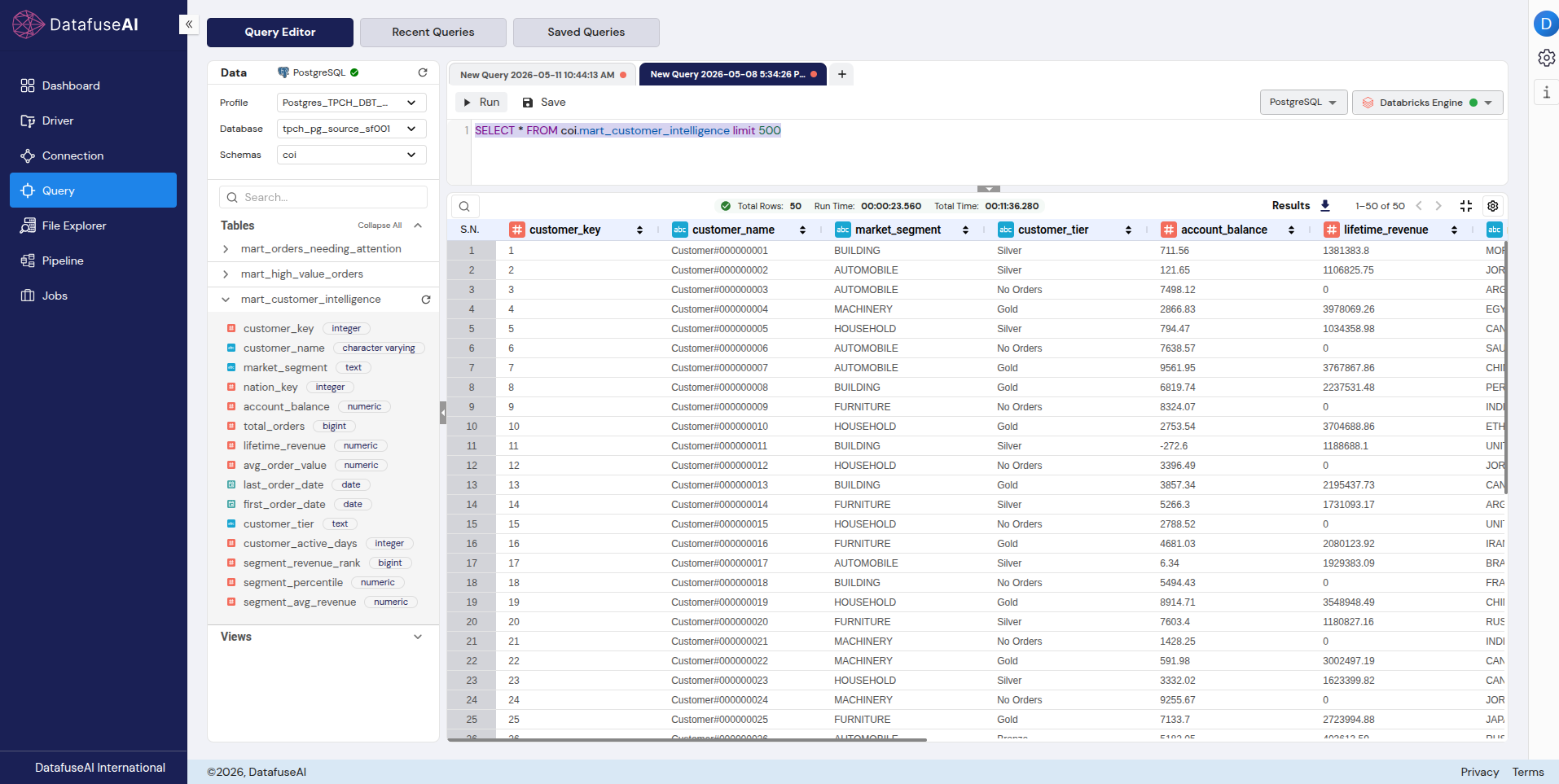 DataFuseAI Query Editor with schema browser on left showing mart tables and No Orders tier result visible for customer with 0 lifetime_revenue