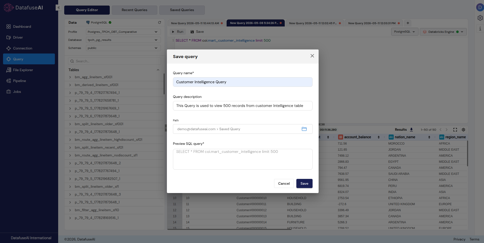 DataFuseAI Save Query dialog