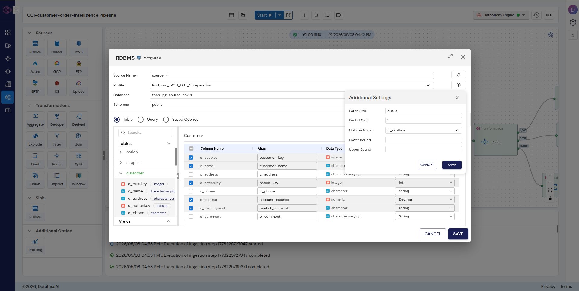 DataFuseAI Source node for customer table showing c_ columns with alias fields and Additional Settings panel