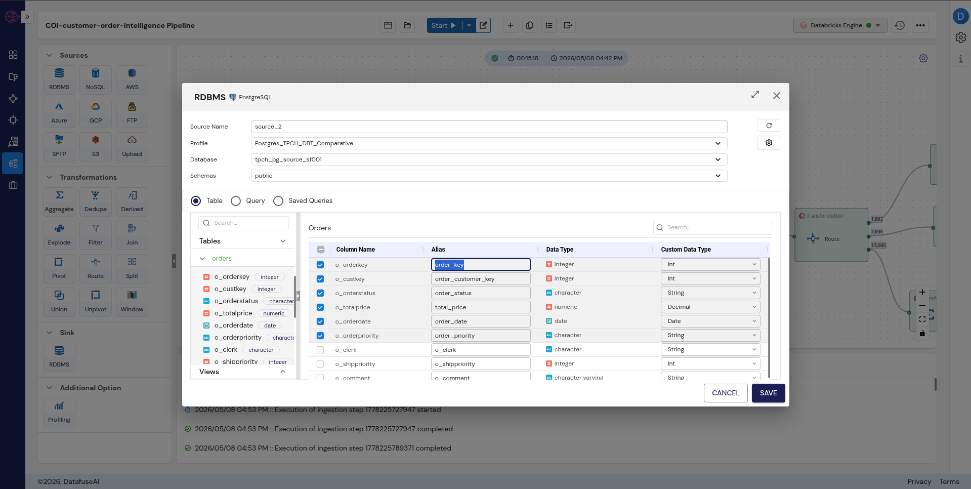 DataFuseAI Source node for orders table showing six o_ columns selected with aliases