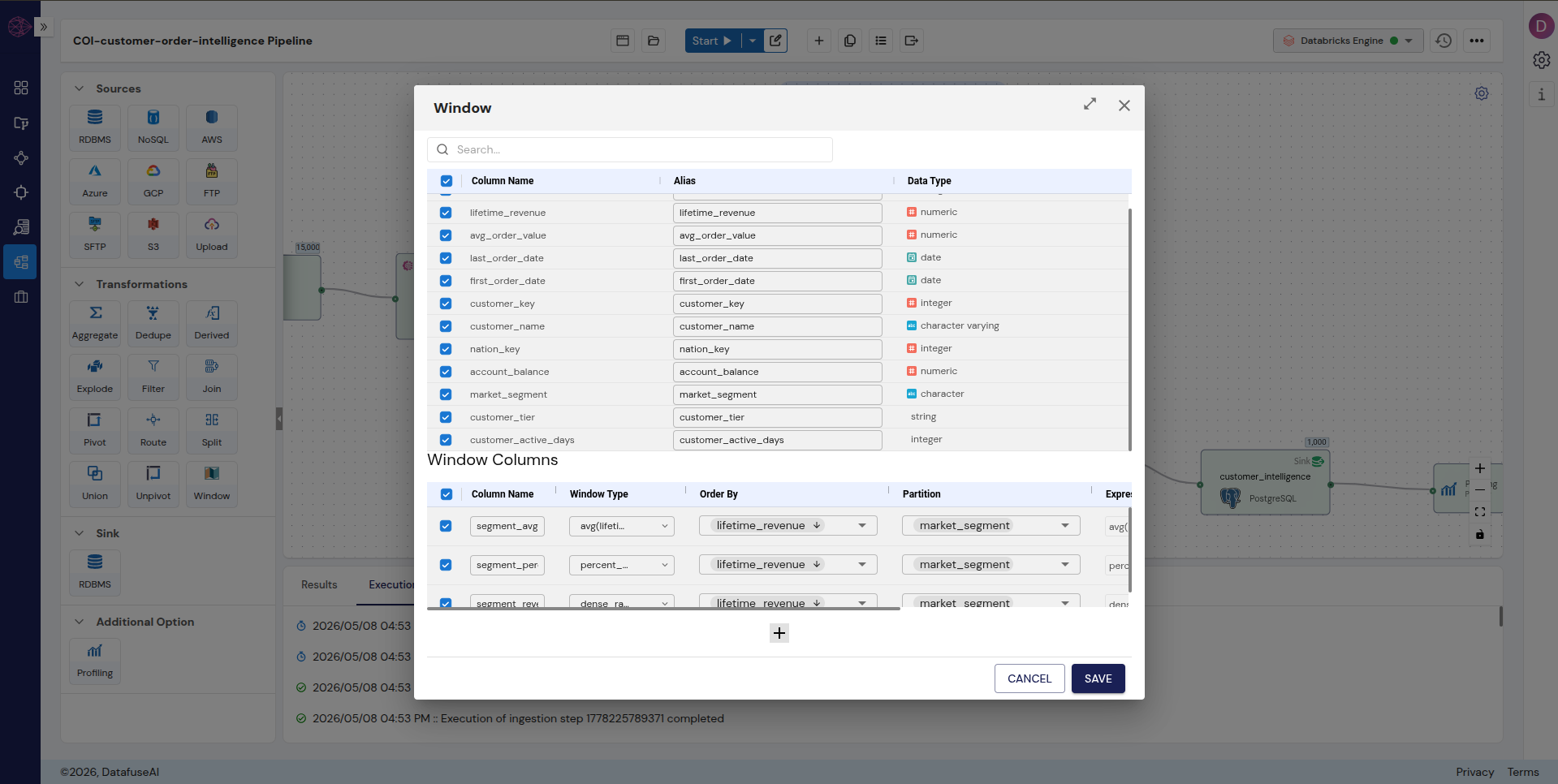 DataFuseAI Window node showing dense_rank, percent_rank, avg configured with Partition By market_segment