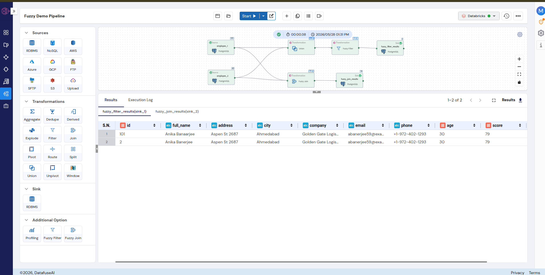 DataFuseAI Fuzzy Filter results showing 2 rows — id 101 Anika Banaarjee and id 2 Anika Banerjee both with identical address Aspen St 2687, company Golden Gate Logistics, and same email, confirming same person across both tables