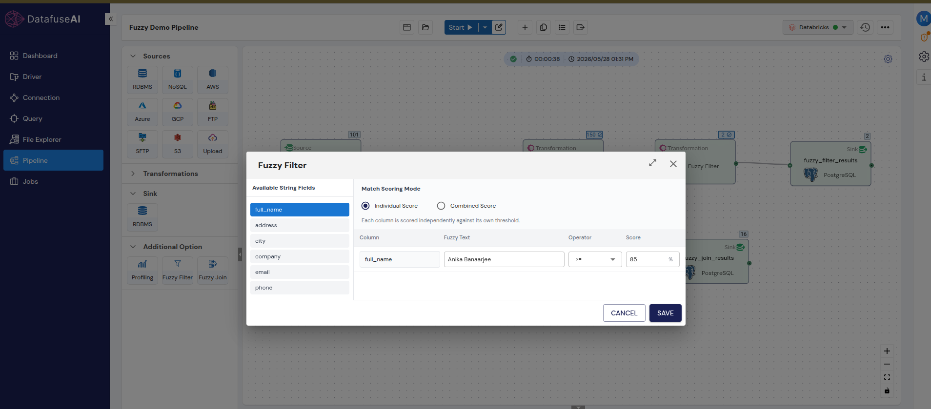 DataFuseAI Fuzzy Filter configuration panel showing full_name field selected, Fuzzy Text set to Anika Banaarjee, operator greater than or equal, threshold 85 percent, Individual Score mode selected