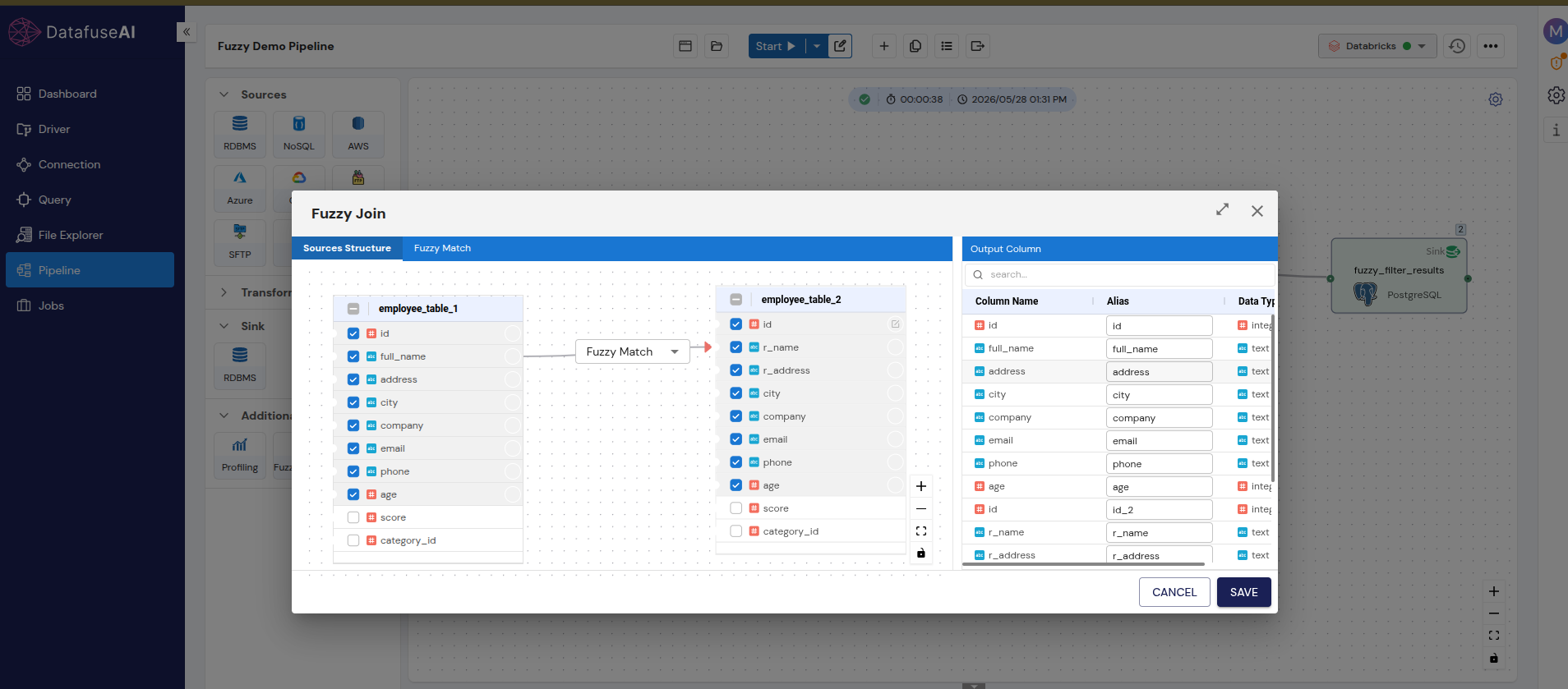 DataFuseAI Fuzzy Join Sources Structure tab showing employee_table_1 columns on left and employee_table_2 on right with Fuzzy Match connector, output schema showing merged fields including id_2 and r_name