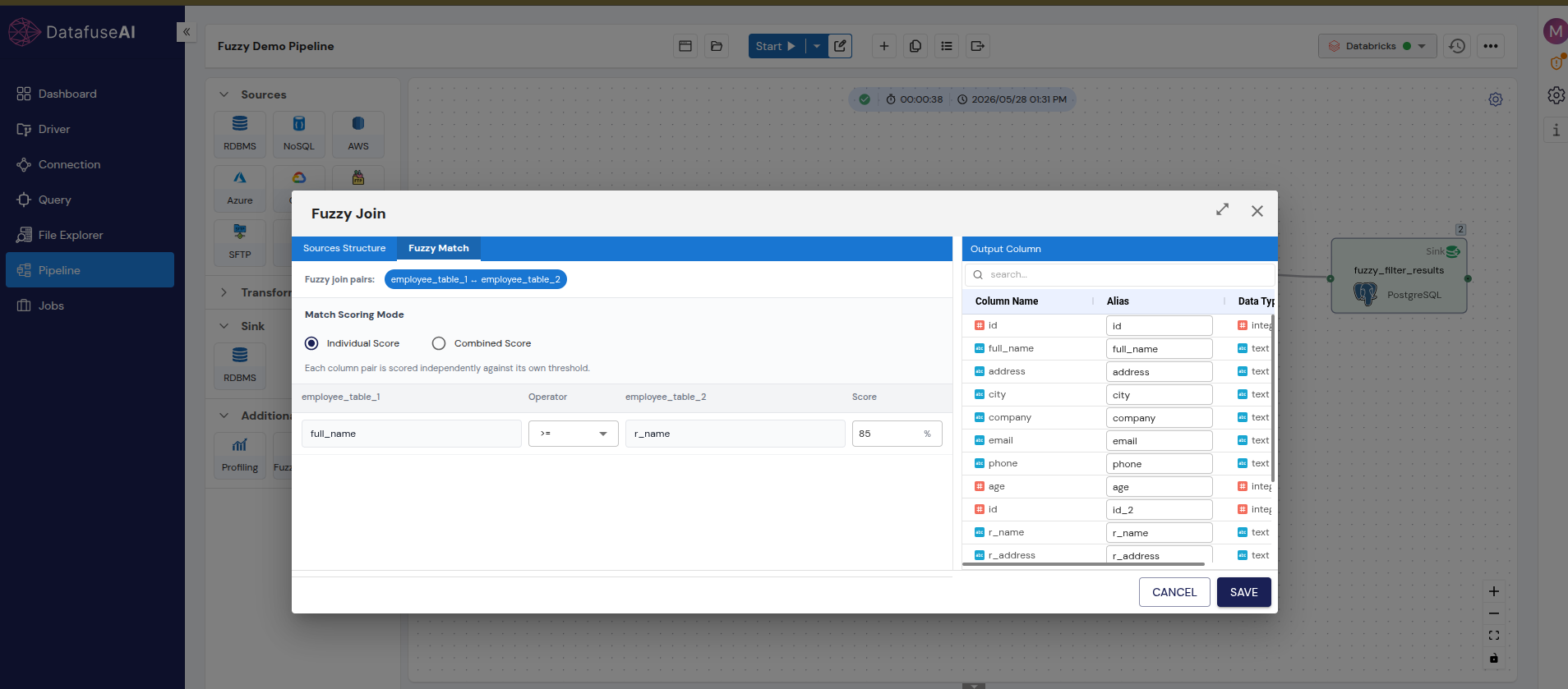 DataFuseAI Fuzzy Join Fuzzy Match configuration tab showing Individual Score mode selected, rule full_name greater than or equal to r_name at 85 percent threshold