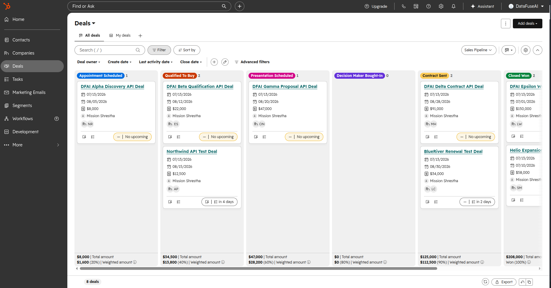 HubSpot deals board showing the eight sample deals across pipeline stages before any extraction