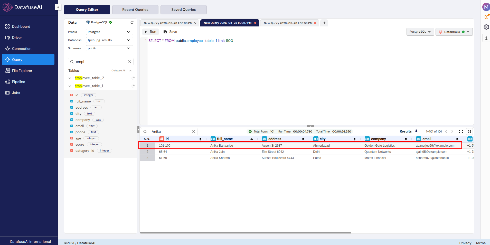 DataFuseAI Query Editor showing employee_table_1 filtered for Anika — top result displays full_name as Anika Banaarjee with double a typo, company Golden Gate Logistics, city Ahmedabad, 101 total rows