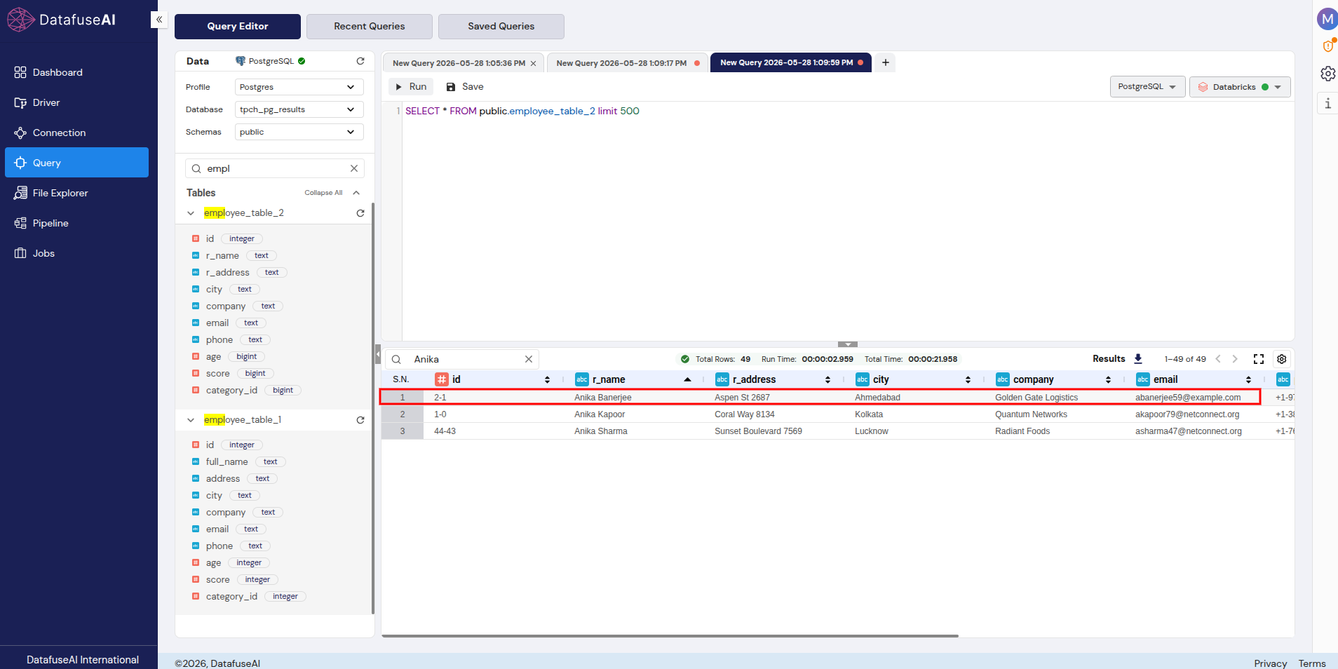 DataFuseAI Query Editor showing employee_table_2 filtered for Anika — top result displays r_name as Anika Banerjee with correct spelling, same Golden Gate Logistics and Aspen St 2687 address, 49 total rows